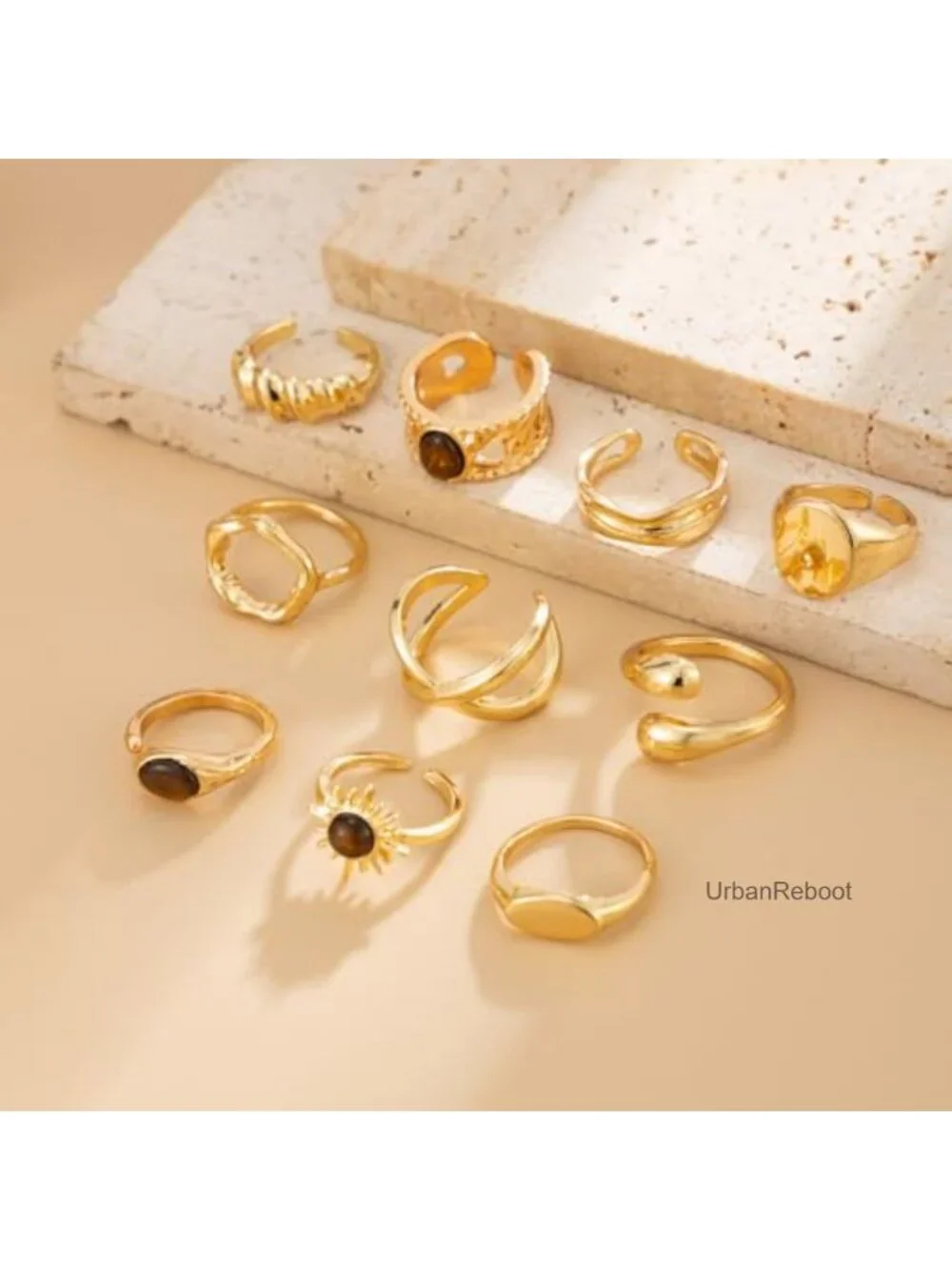 10 Piece Gold Stackable Ring Set for Women, Vintage Tiger Eye Stone Boho